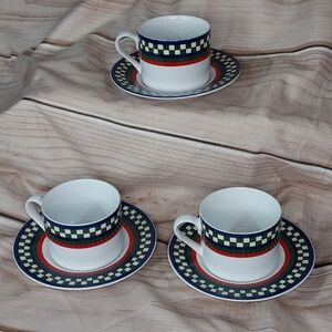 Ella's Rooster Bob Timberlake vintage coffee cups & saucers white green red blue